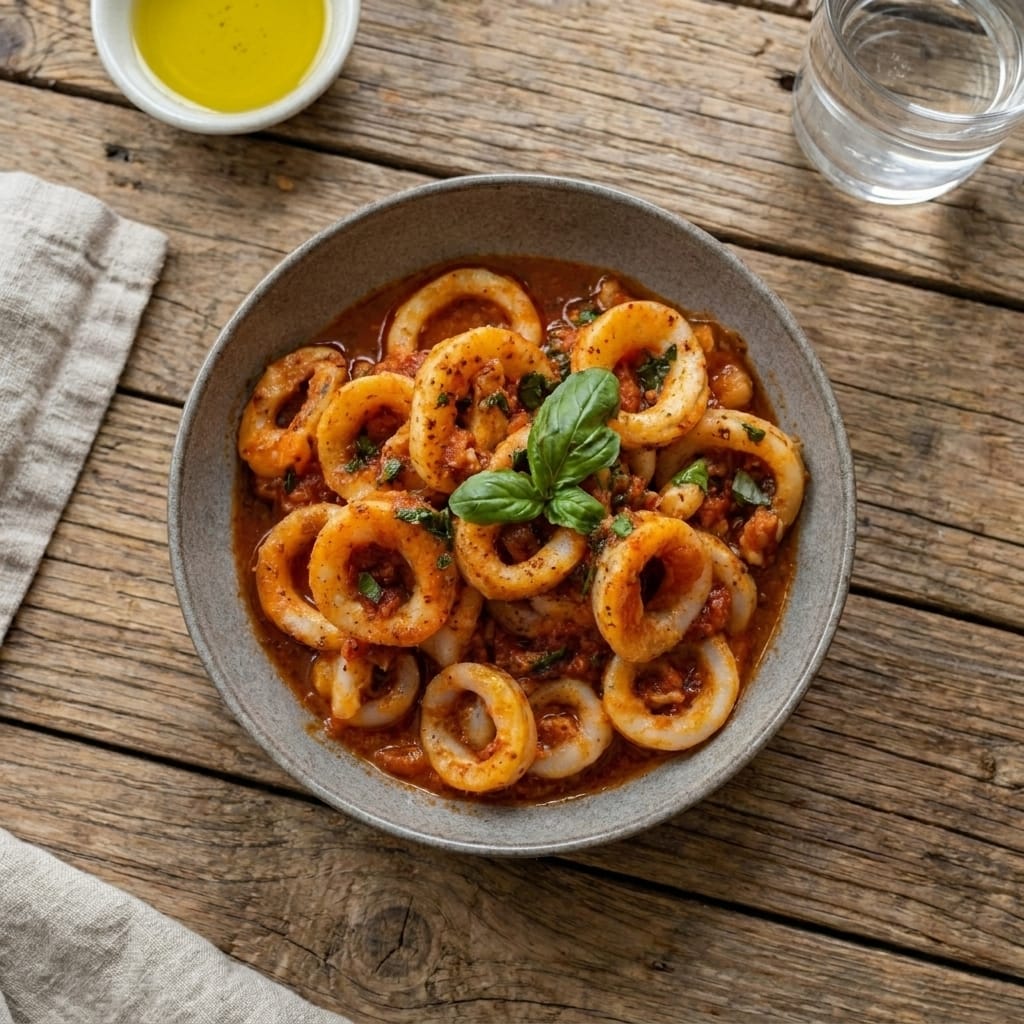 Easy Garlic Butter Calamari in Spicy Tomato Basil Sauce Recipe – Tender, Saucy, and Restaurant-Style