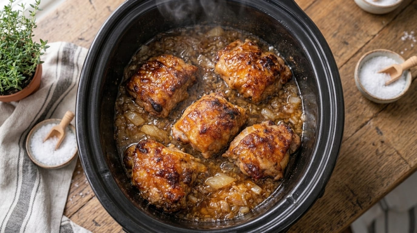 Slow Cooker Caramelized Onion Chicken Thighs with Garlic Gravy