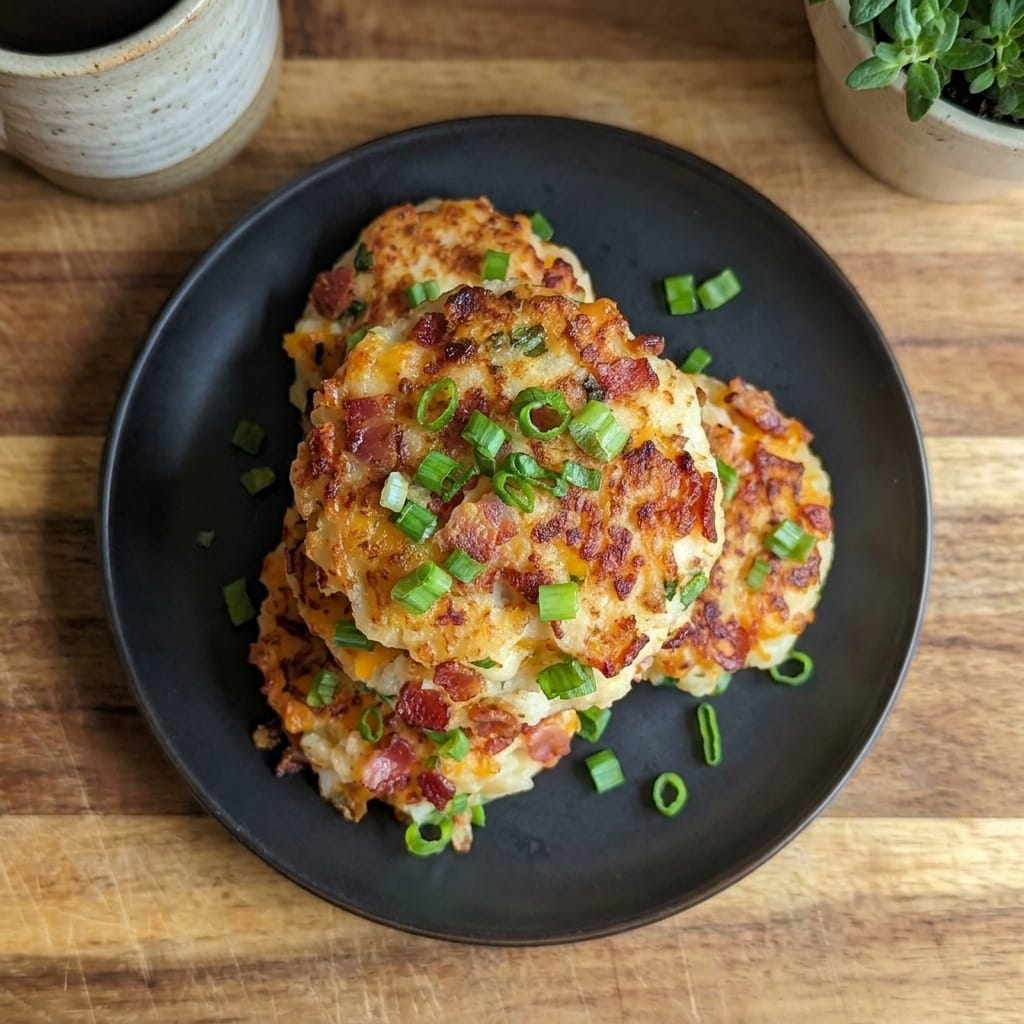 Easy Cheesy Bacon Potato Cakes with Green Onions Recipe – Crispy Outside, Creamy Inside