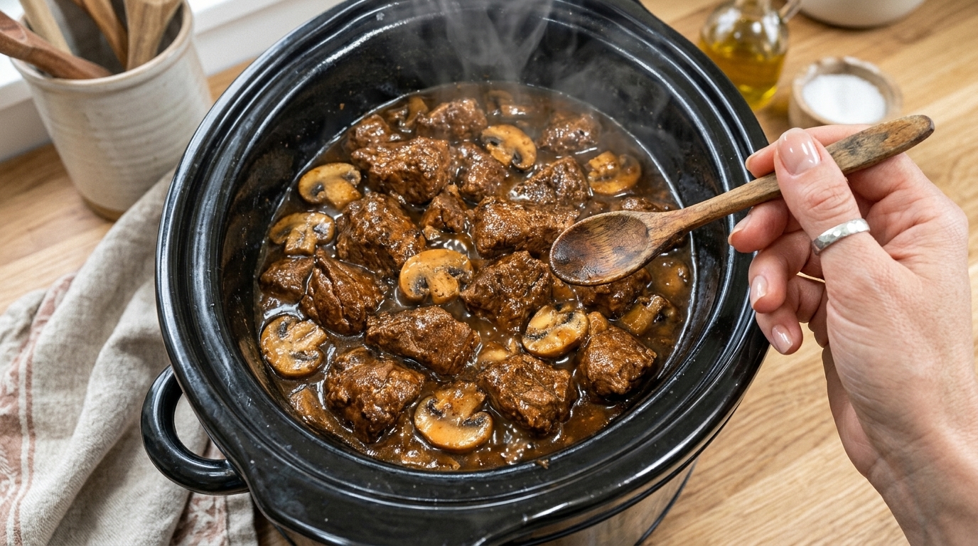 Slow Cooker Garlic Butter Beef Bites with Mushrooms 🥩🧄🍄