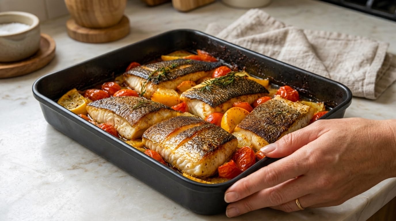 Mediterranean Baked Sea Bass with Lemon, Potatoes & Cherry Tomatoes
