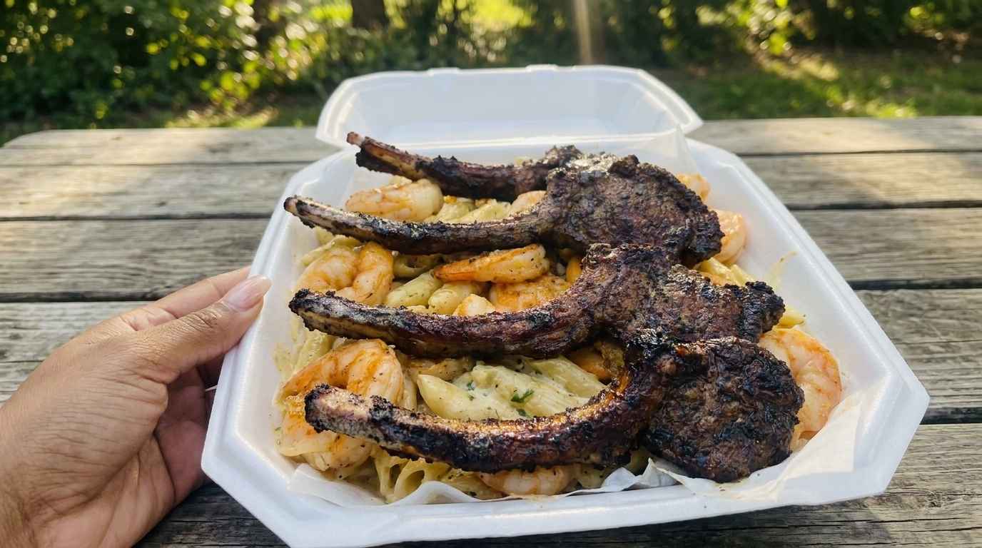 Garlic Butter Lamb Chops with Creamy Shrimp Pasta
