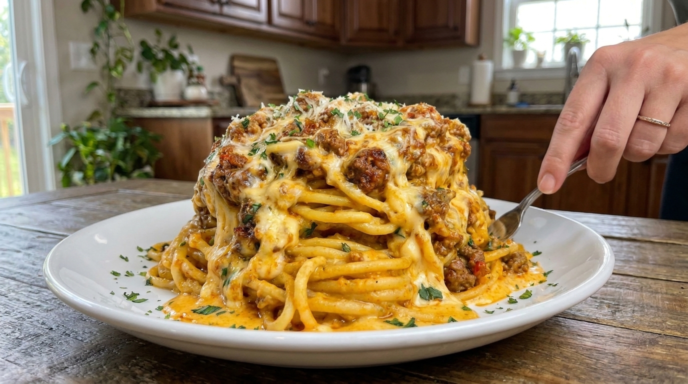 Cheesy Baked Spaghetti Casserole with Savory Meat Sauce