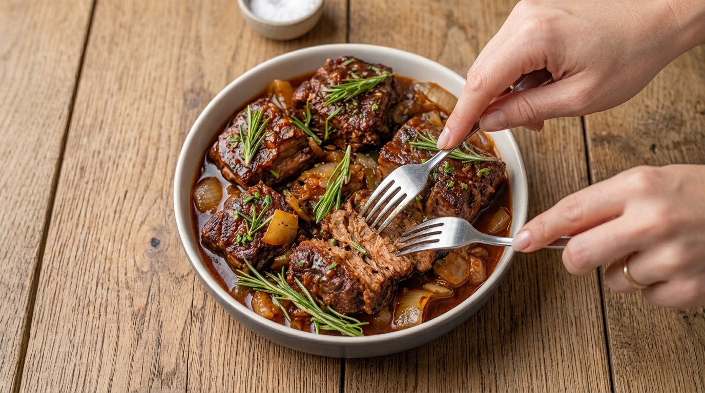Red Wine Braised Beef Short Ribs with Rosemary and Onion Gravy