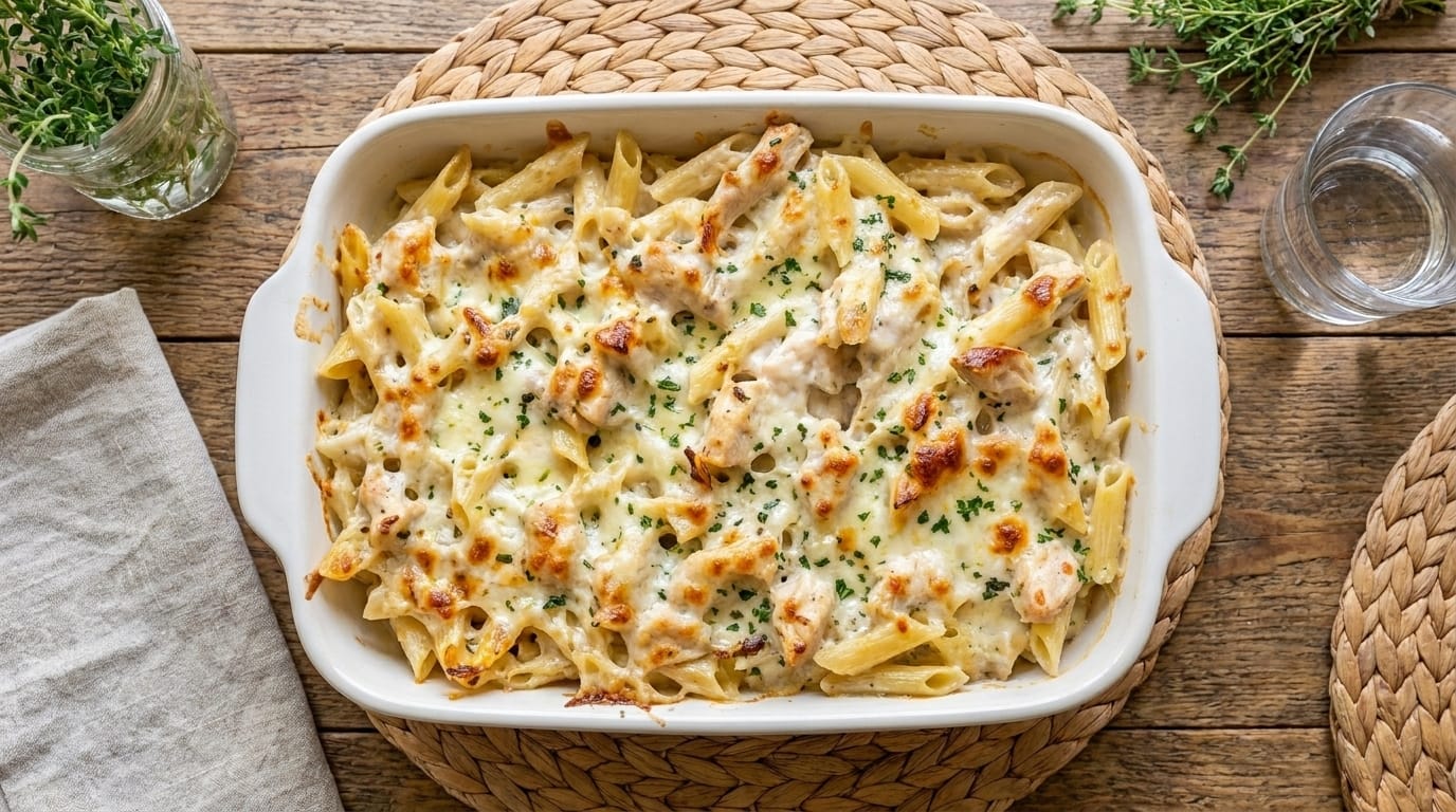 Easy Creamy Garlic Parmesan Chicken Pasta Bake Recipe – Cheesy, Rich, and Comforting