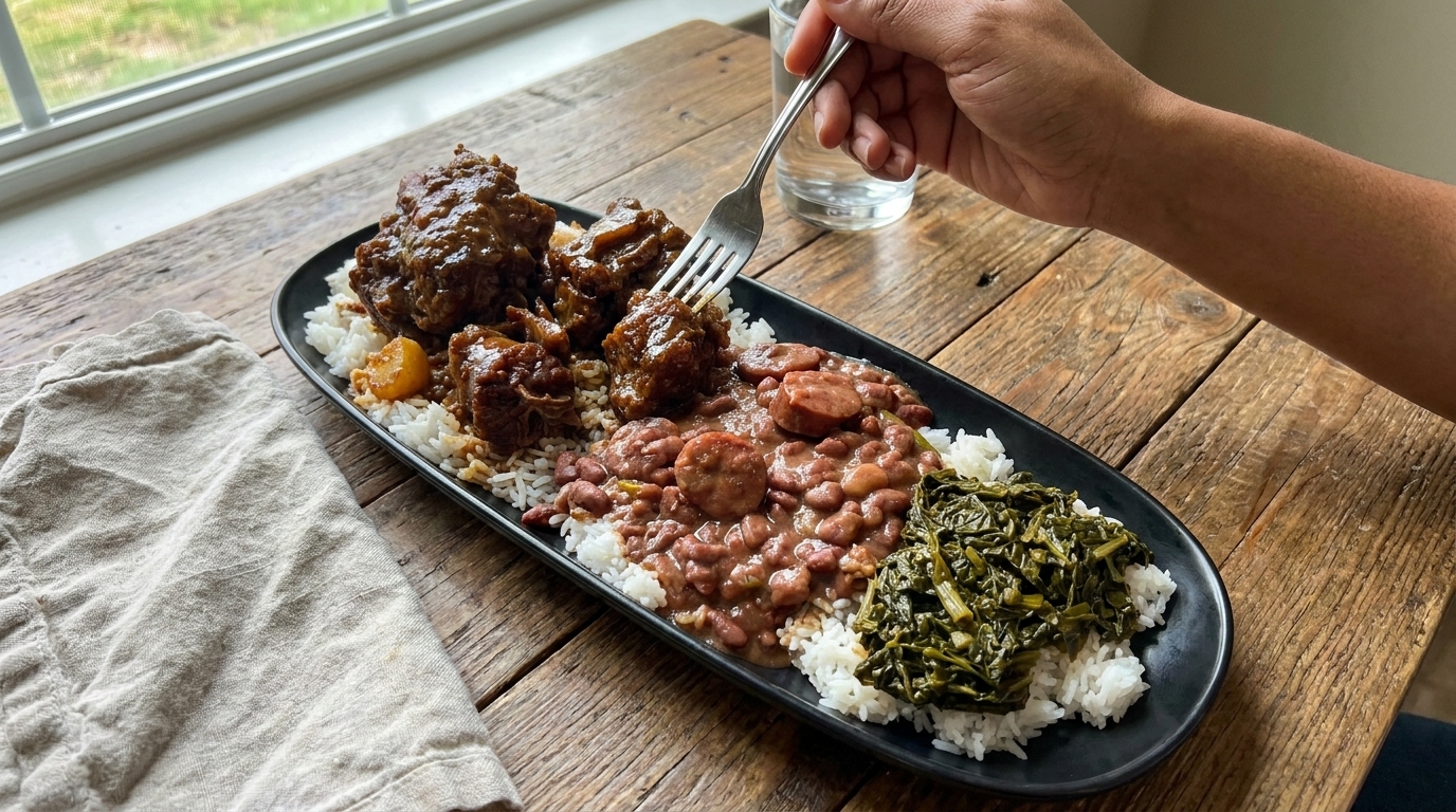 Southern-Style Braised Beef with Red Beans, Rice, and Collard Greens