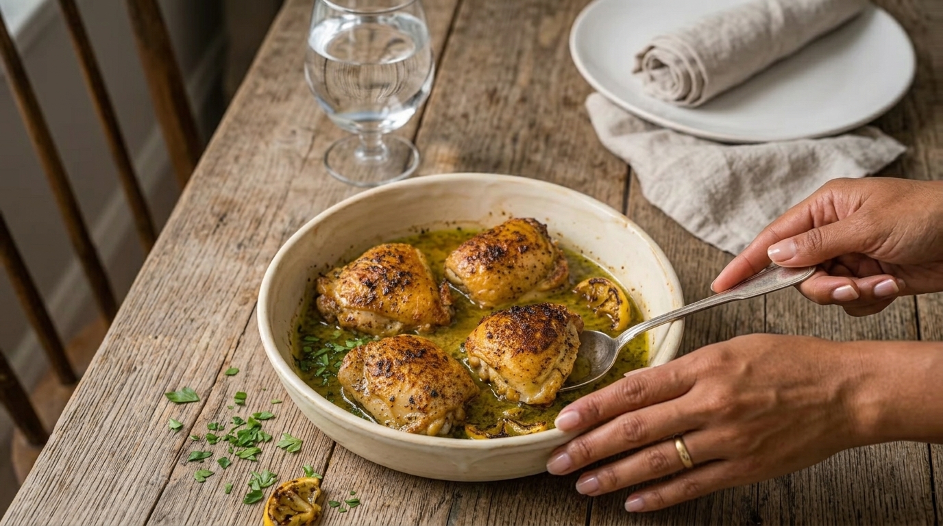 Crispy Garlic Butter Chicken Thighs with Golden Herb Pan Sauce