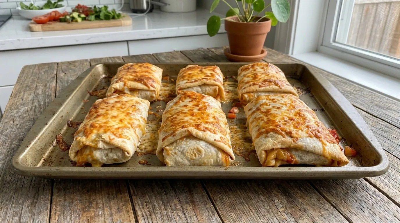 Easy Cheesy Baked Chicken Burritos Recipe – Crispy, Saucy, and Loaded with Melted Cheese