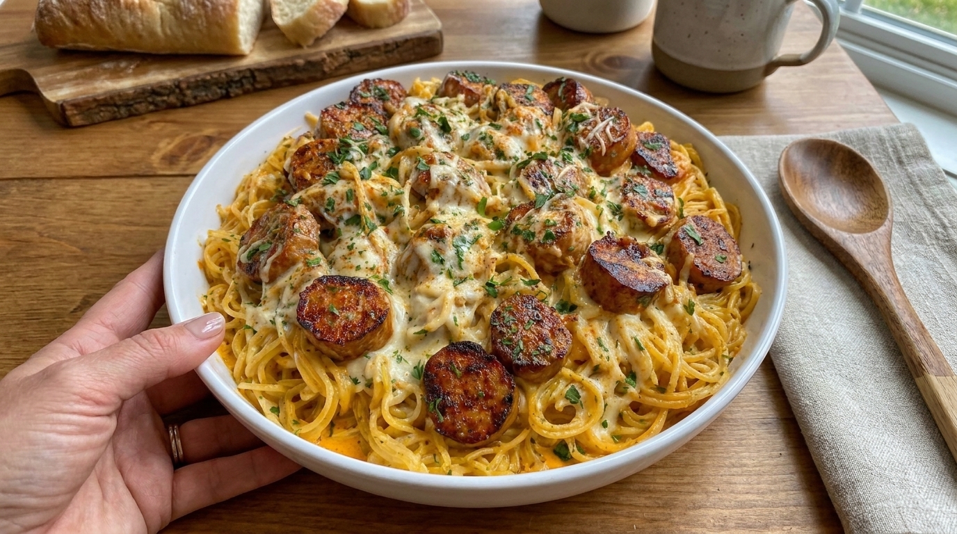 Creamy Garlic Chicken Meatball Spaghetti with Mozzarella Cheese