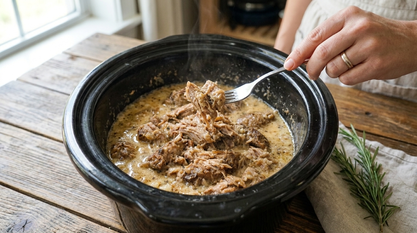 Creamy Slow Cooker Shredded Beef with Garlic Herb Gravy