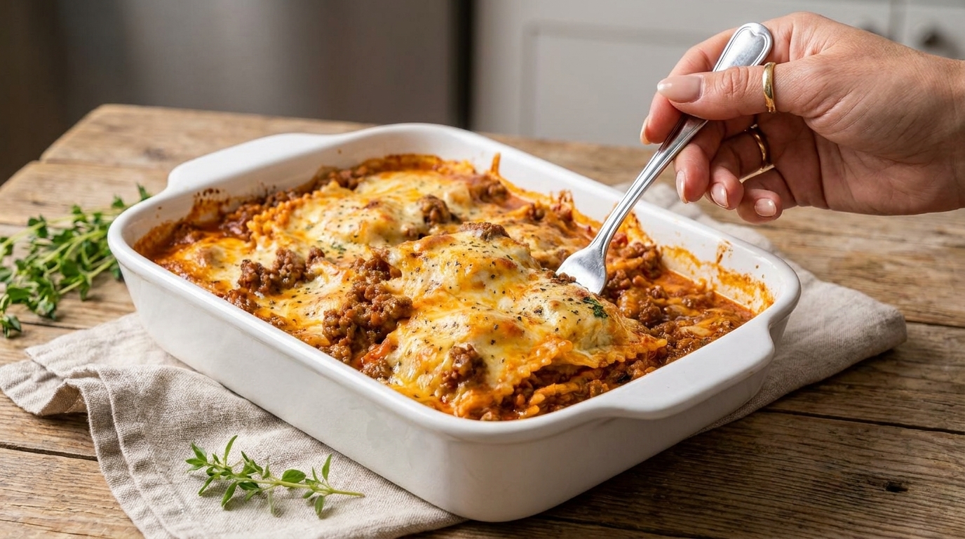 Cheesy Ravioli Lasagna Bake with Rich Meat Sauce