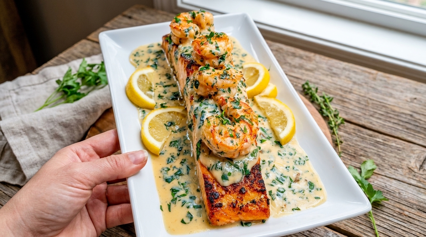 Easy Creamy Lemon Garlic Salmon & Shrimp Recipe – Rich, Zesty, and Restaurant-Worthy