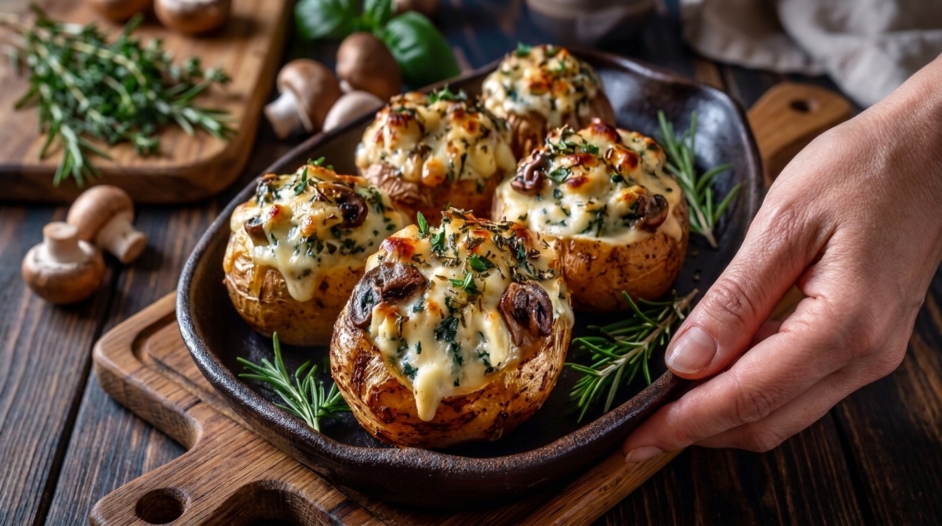 Easy Creamy Garlic Mushroom Stuffed Baked Potatoes – Rich, Cheesy, and Comforting 🥔🍄🧄