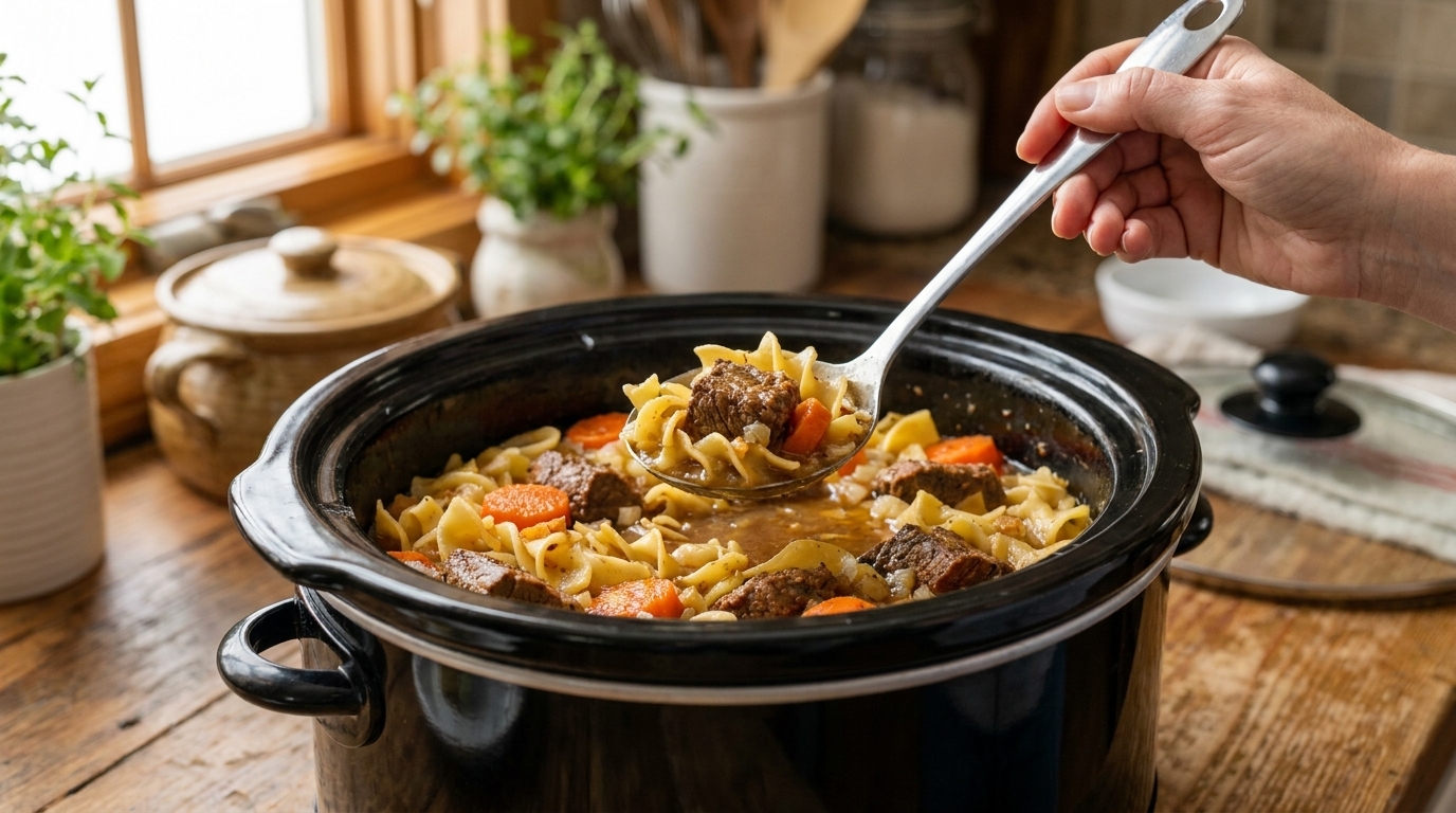 Easy Slow Cooker Beef Tips with Egg Noodles and Carrots – Tender, Savory, and Comforting 🥩🥕🍜