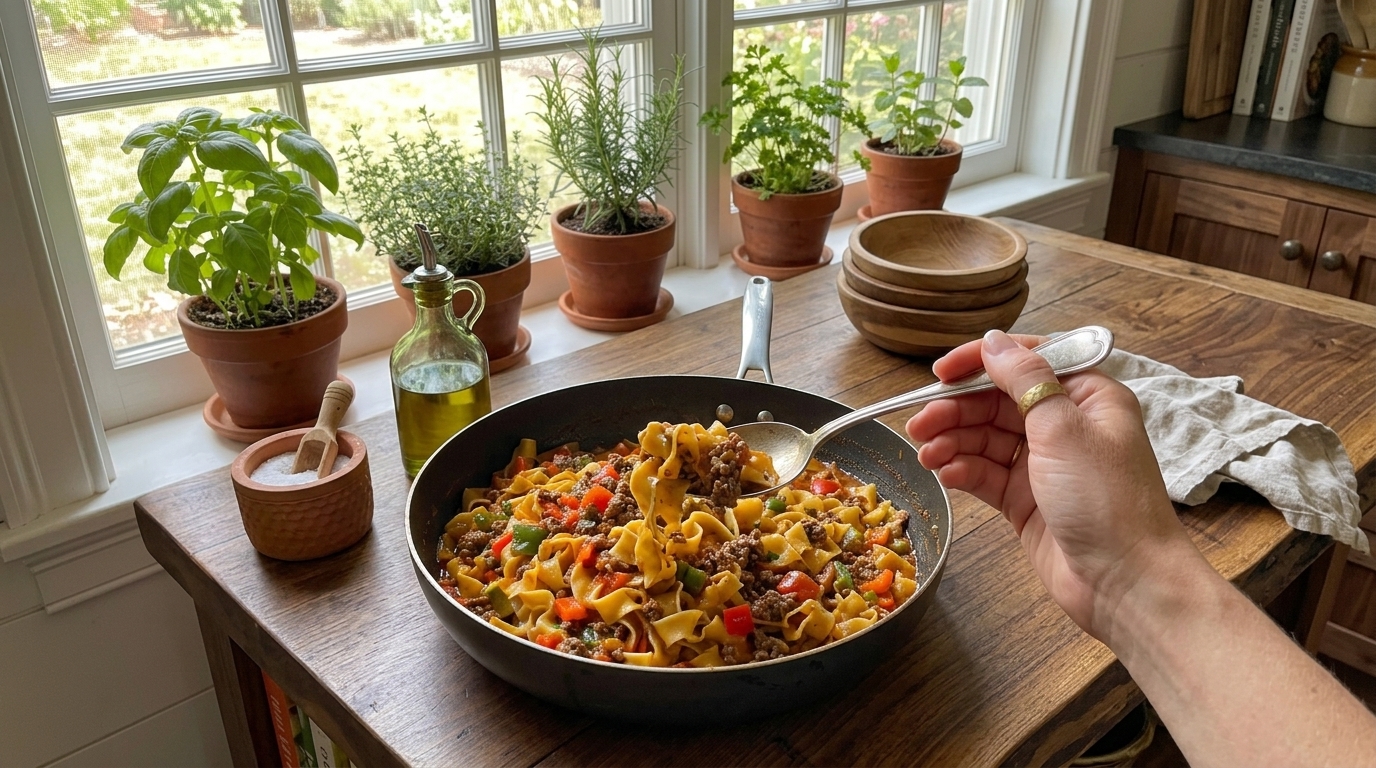 Easy Savory Ground Beef & Bell Pepper Pasta – Hearty, Saucy, and Flavor-Packed 🍝🥩🌶️
