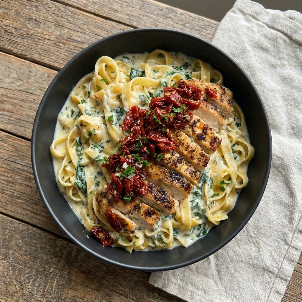 Easy Mediterranean Chicken Alfredo with Sun-Dried Tomatoes Recipe – Creamy, Garlicky, and Full of Italian-Mediterranean Flavor