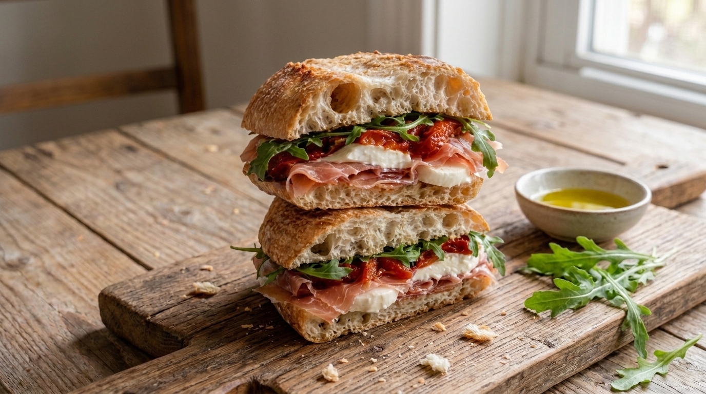 Easy Italian Prosciutto & Mozzarella Ciabatta Sandwich Recipe – Fresh, Crispy, and Packed with Italian Flavor