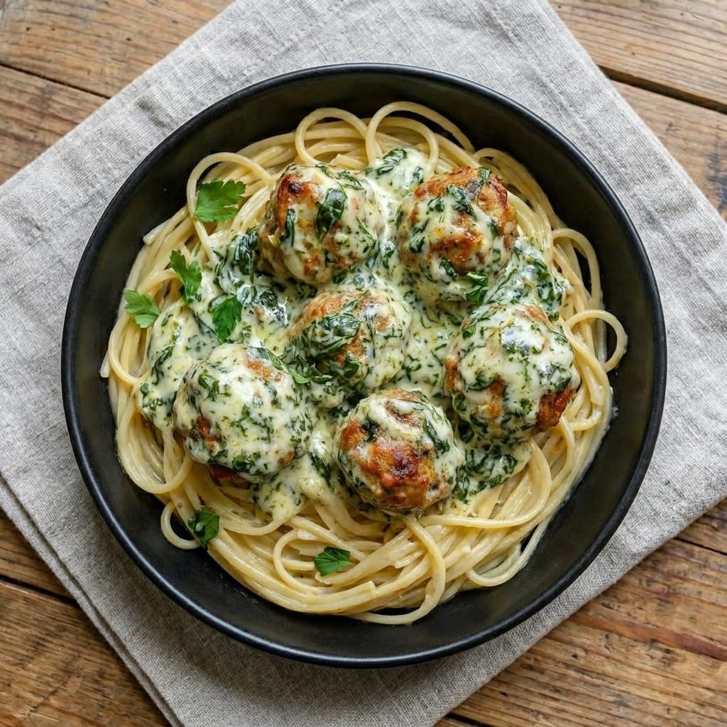 Easy Chicken Ricotta Meatballs with Spinach Alfredo Sauce Recipe – Tender, Creamy, and Flavor-Packed