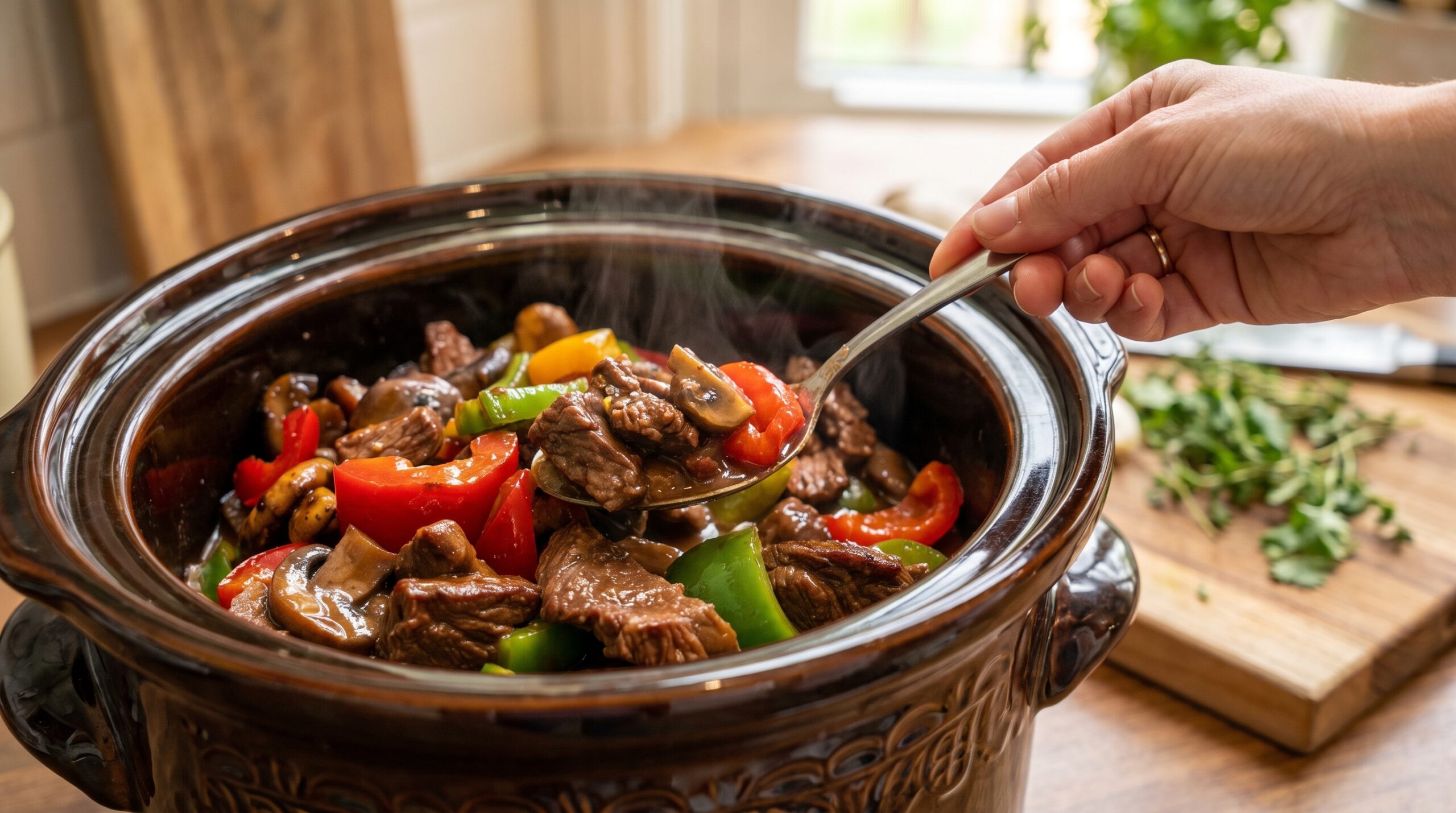 Easy Slow Cooker Pepper Steak with Mushrooms – Tender, Savory & Full of Flavor