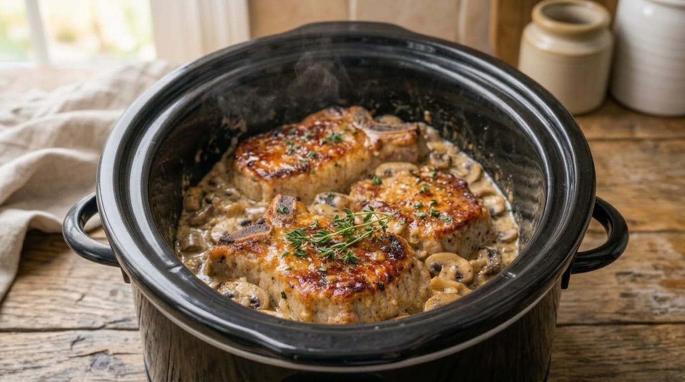 Easy Slow Cooker Creamy Mushroom Pork Chops Recipe – Tender, Juicy, and Smothered in Rich Mushroom Gravy