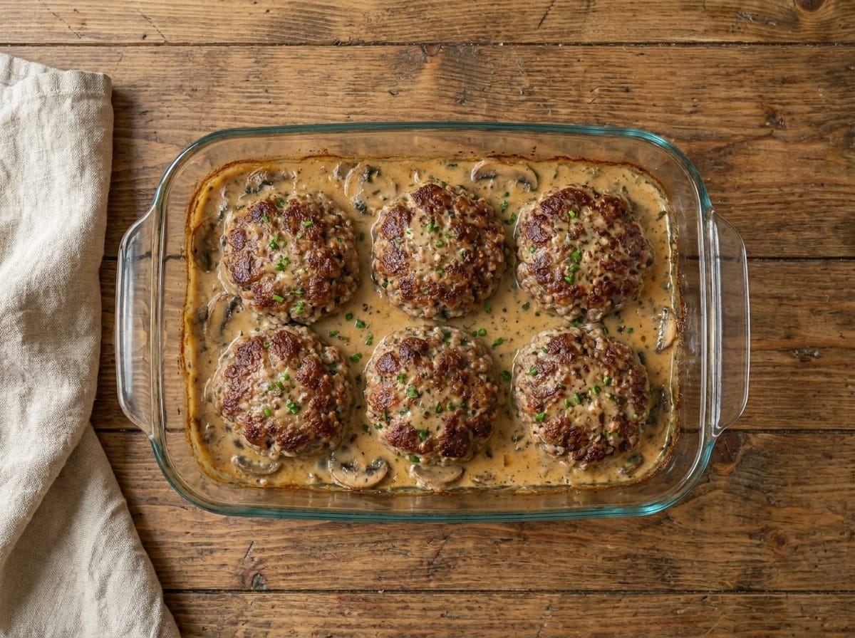 Easy Creamy Mushroom Smothered Salisbury Steak Recipe – Tender, Savory, and Comforting