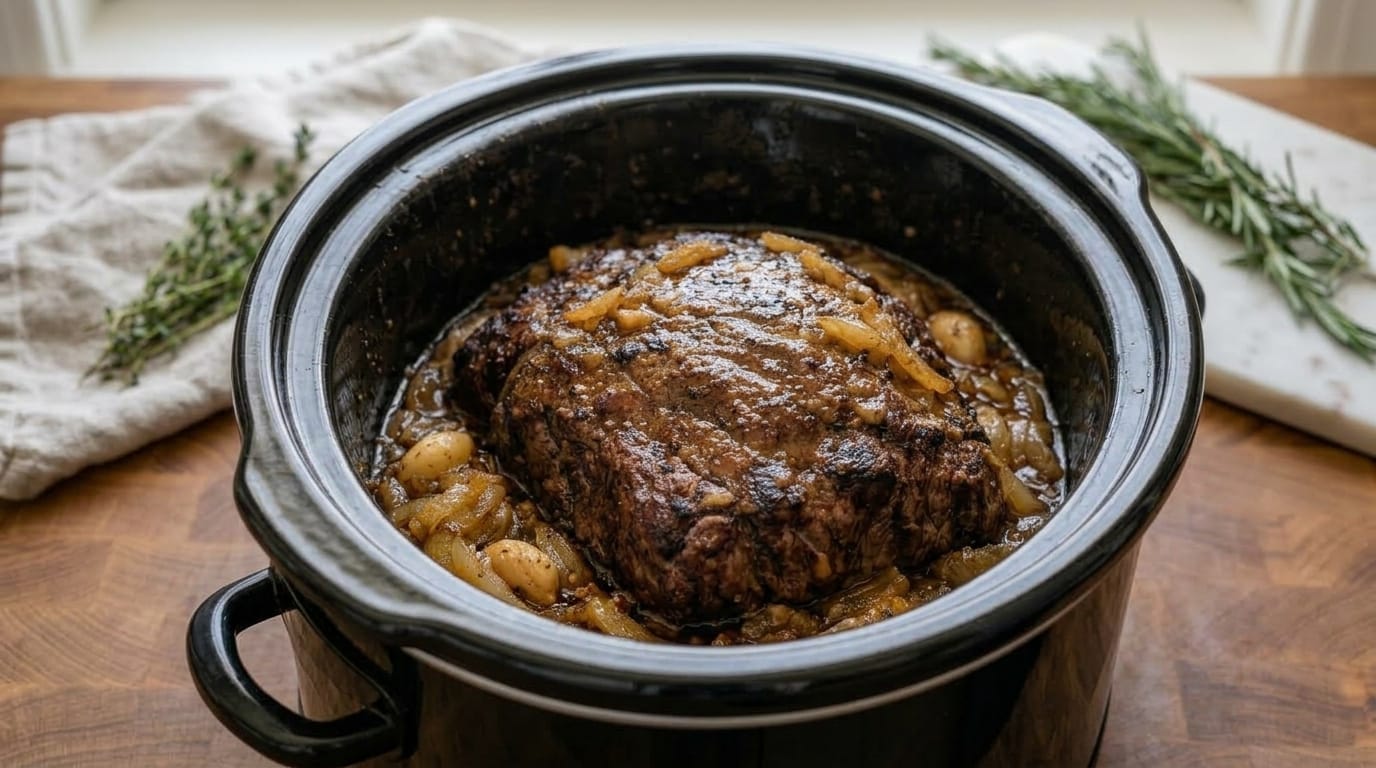 Easy Slow Cooker Garlic Herb Pot Roast Recipe – Tender, Juicy, and Smothered in Caramelized Onion Gravy