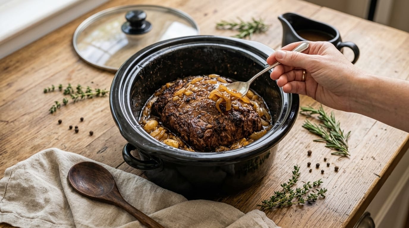 Slow Cooker Garlic Onion Beef Roast – Tender, Juicy & Packed With Rich Flavor