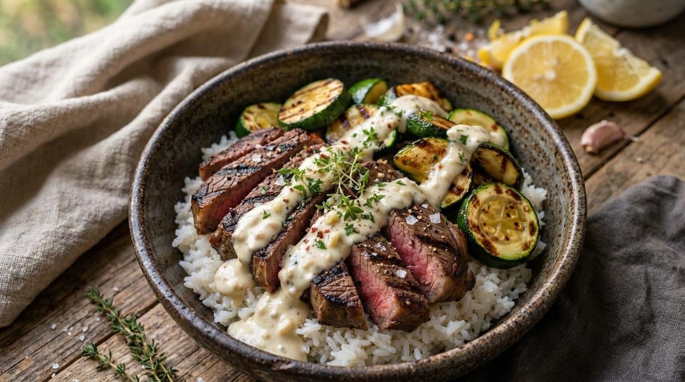 The Ultimate Masterclass Guide to Charred Steak and Grilled Zucchini Rice Bowls with Creamy Garlic Herb Sauce: A Culinary Deep-Dive