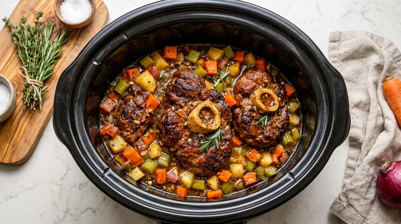 Slow Cooker Braised Beef Shanks with Vegetables – Tender, Rich & Comforting One-Pot Dinner