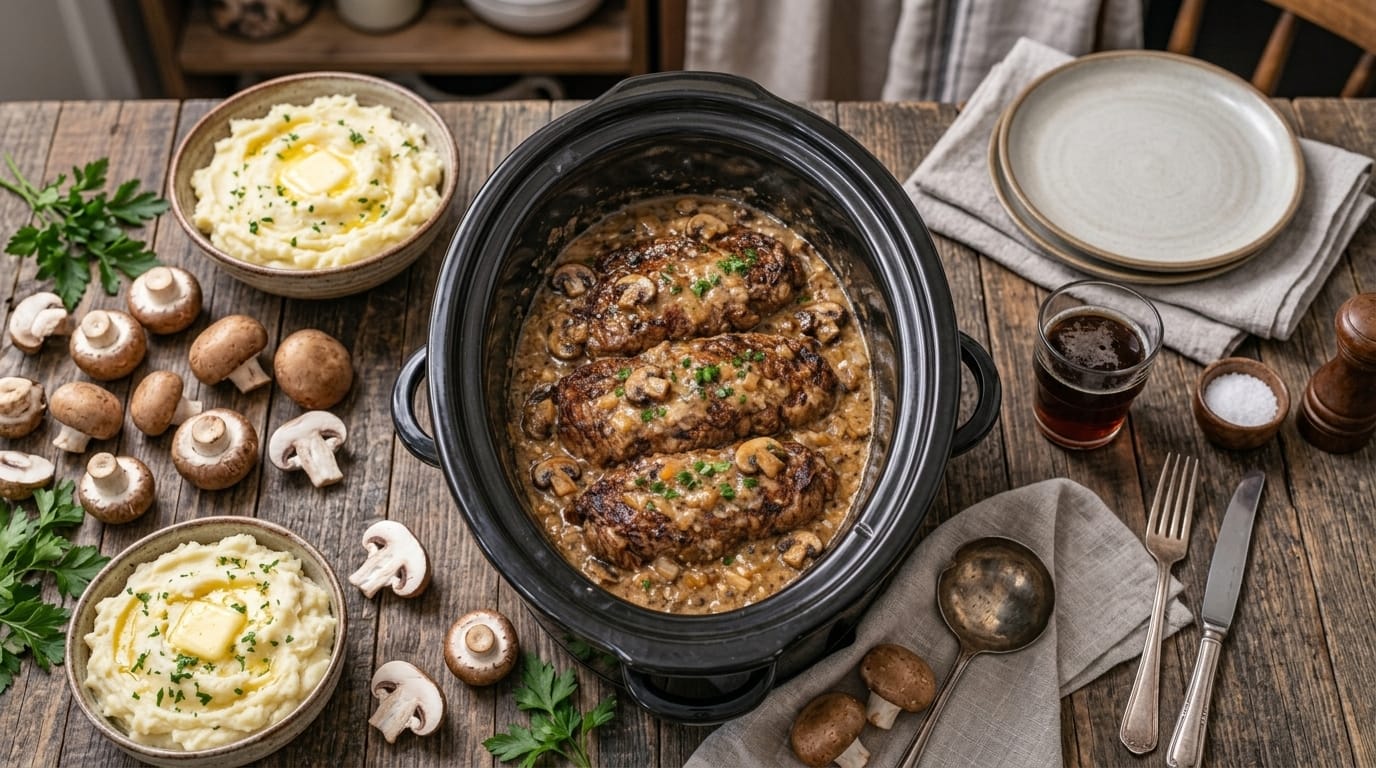 Slow Cooker Creamy Mushroom Steak – Tender Beef with Garlic Mushroom Gravy