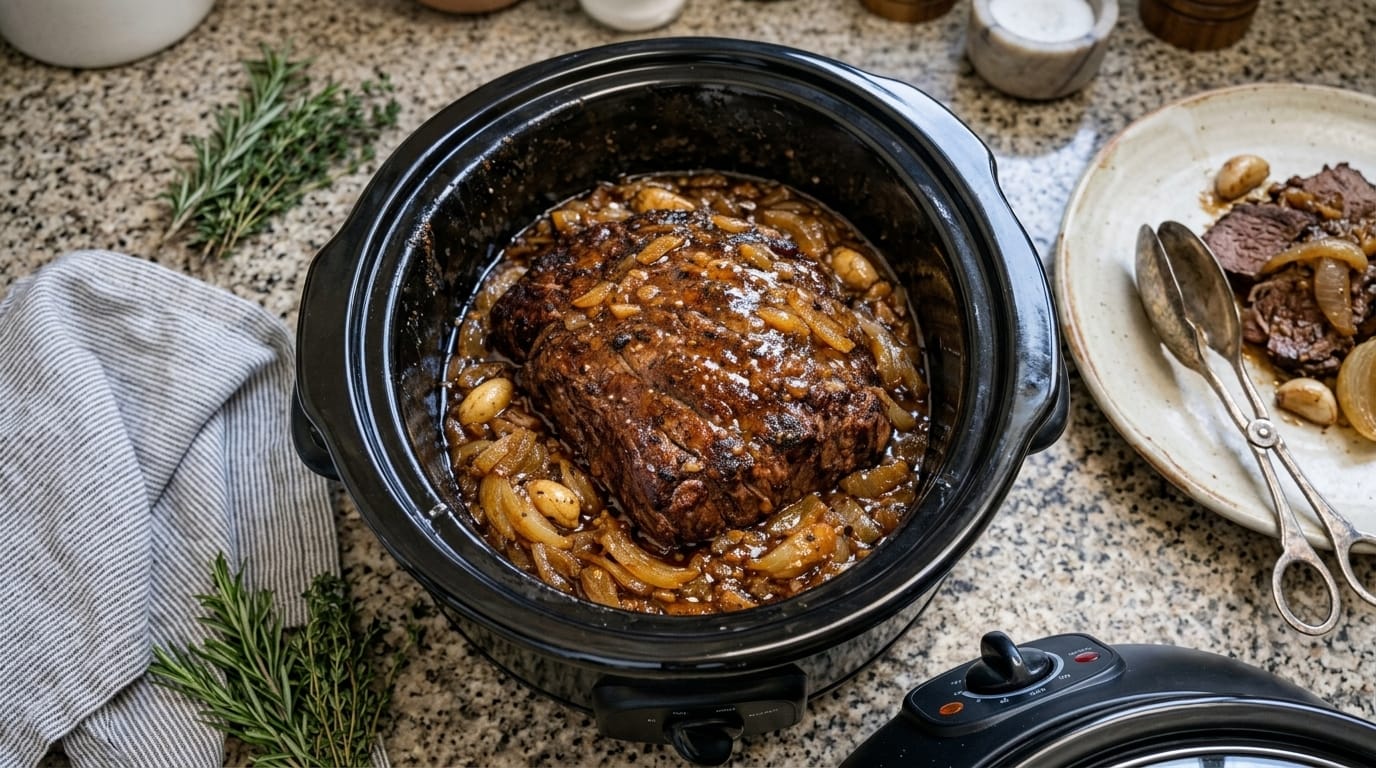 Easy Slow Cooker Garlic Butter Pot Roast Recipe – Tender Beef with Caramelized Onions