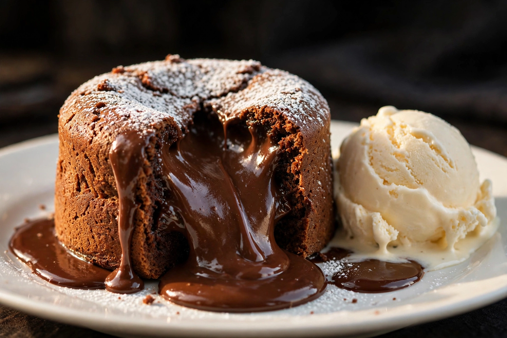 Molten chocolate lava cake with gooey chocolate center flowing out