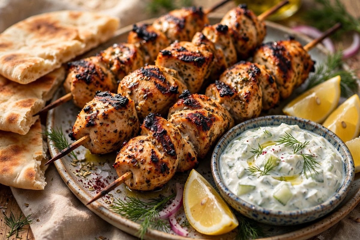 Chicken Kebabs with Tzatziki and Greek salad, grilled skewers on a platter