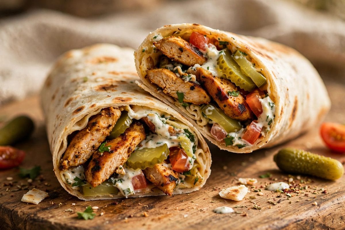 Homemade Chicken Shawarma Wrap with spiced chicken, pickles, tomato and garlic sauce in flatbread