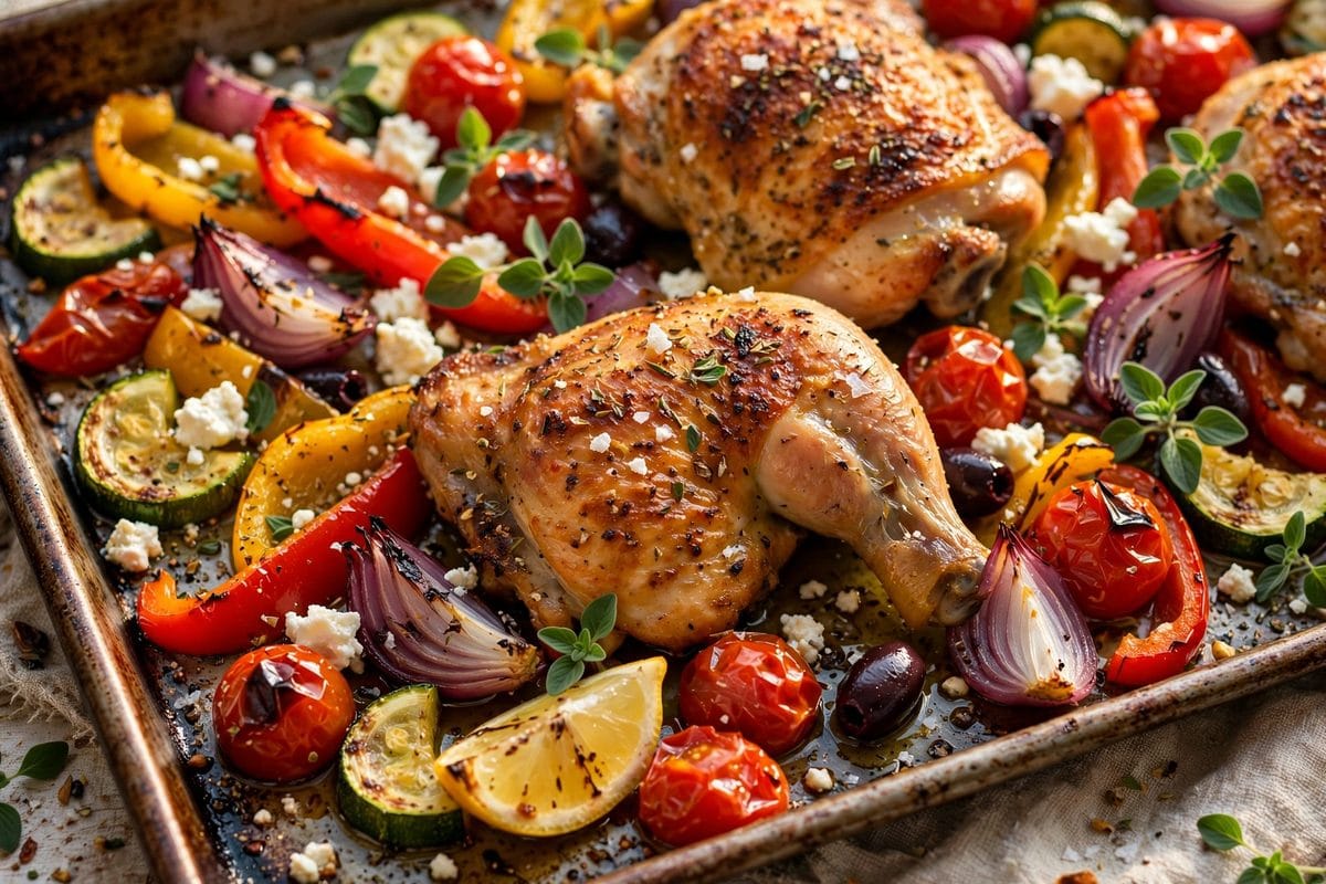 Greek Sheet Pan Chicken with roasted vegetables, lemon wedges and feta