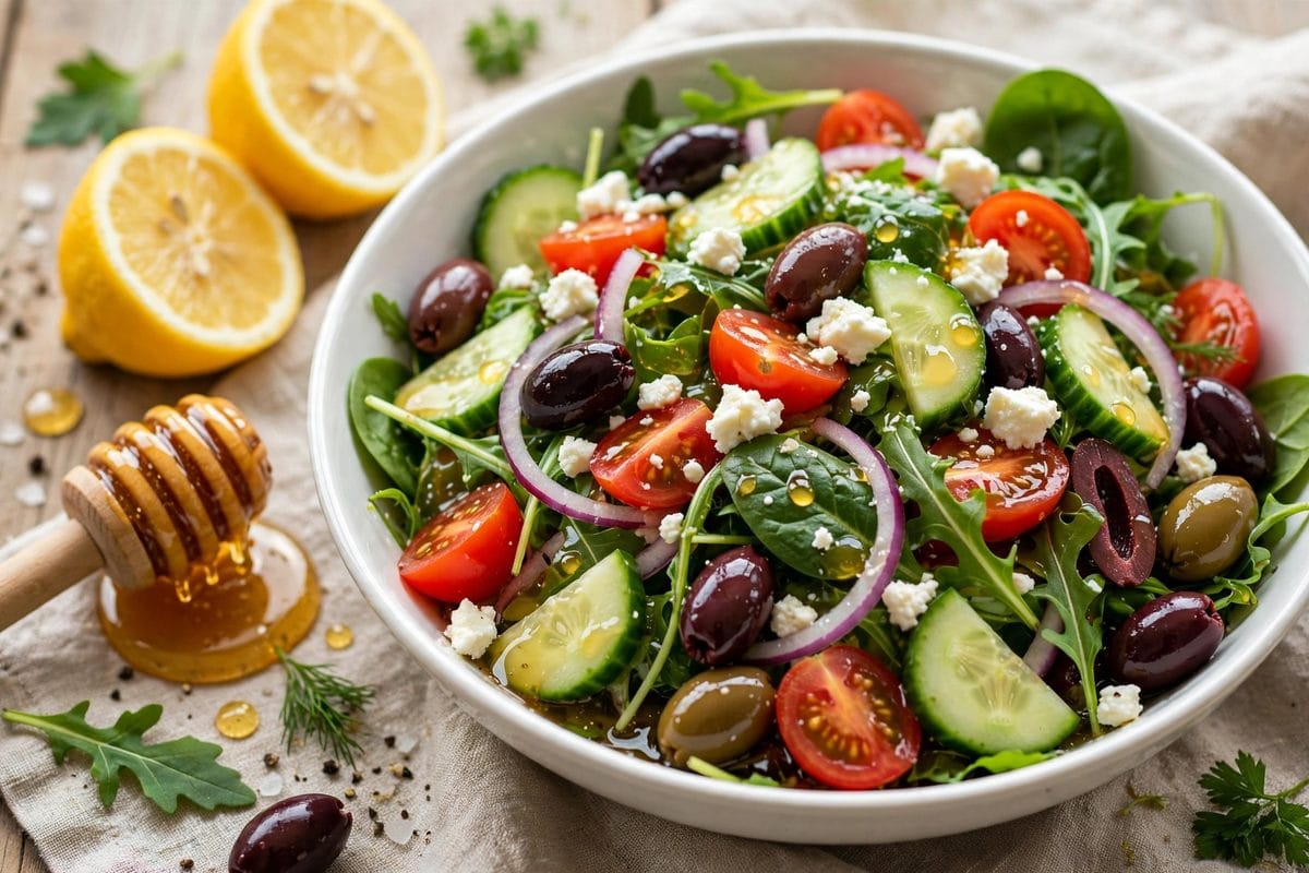 Honey Lemon Mediterranean Salad with chickpeas, feta, olives, tomatoes and cucumber in a white bowl
