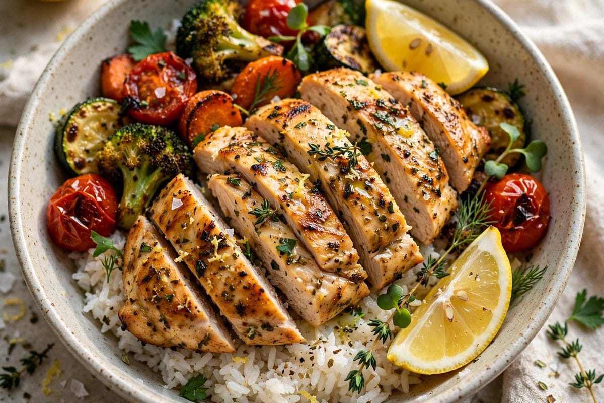 Mediterranean Lemon Chicken Bowl with quinoa, roasted vegetables, hummus and tahini drizzle