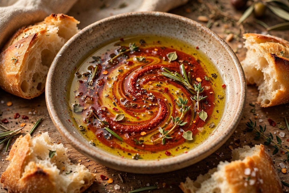 Smoky Mediterranean Dipping Oil with spices, garlic and lemon zest in a bowl with warm crusty bread